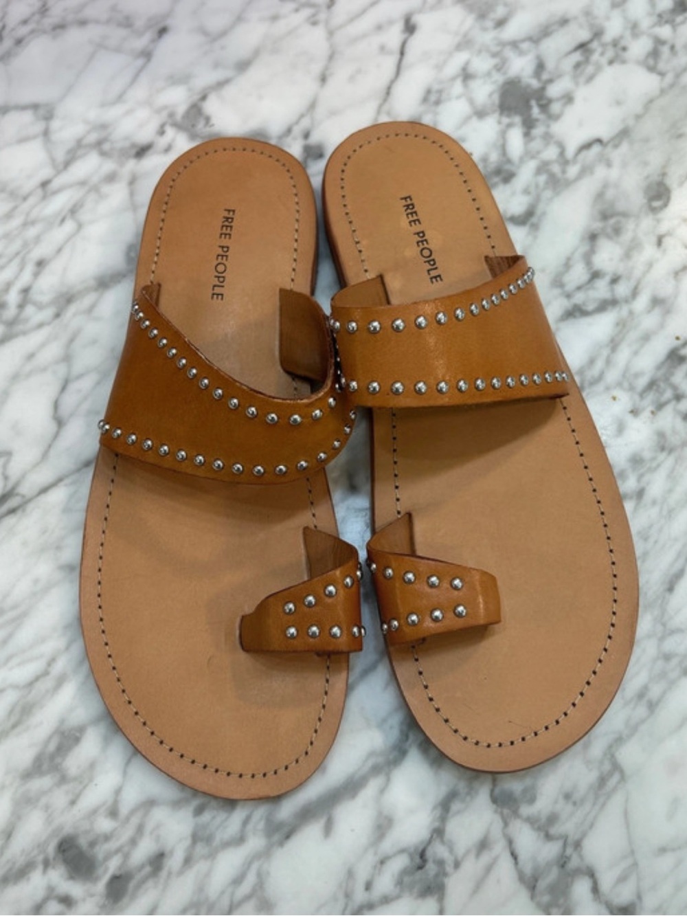 Free People Tan Studded Leather Slide Sandals